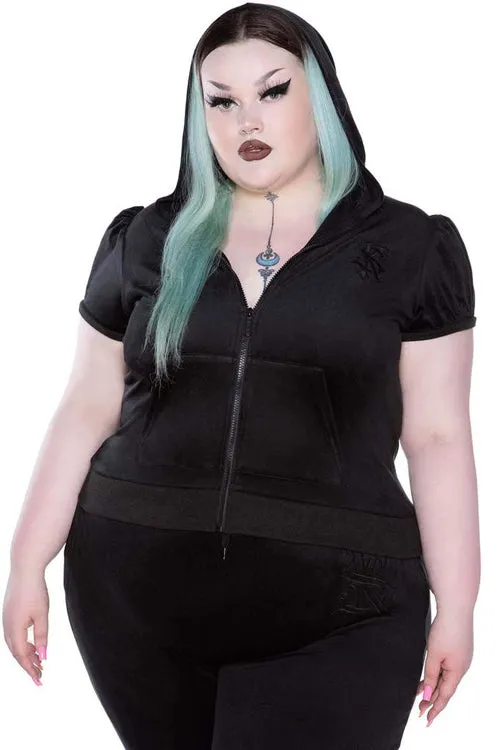 Killstar Dee-Lux Velvet Zip Front Short Sleeve Hoodie in Black