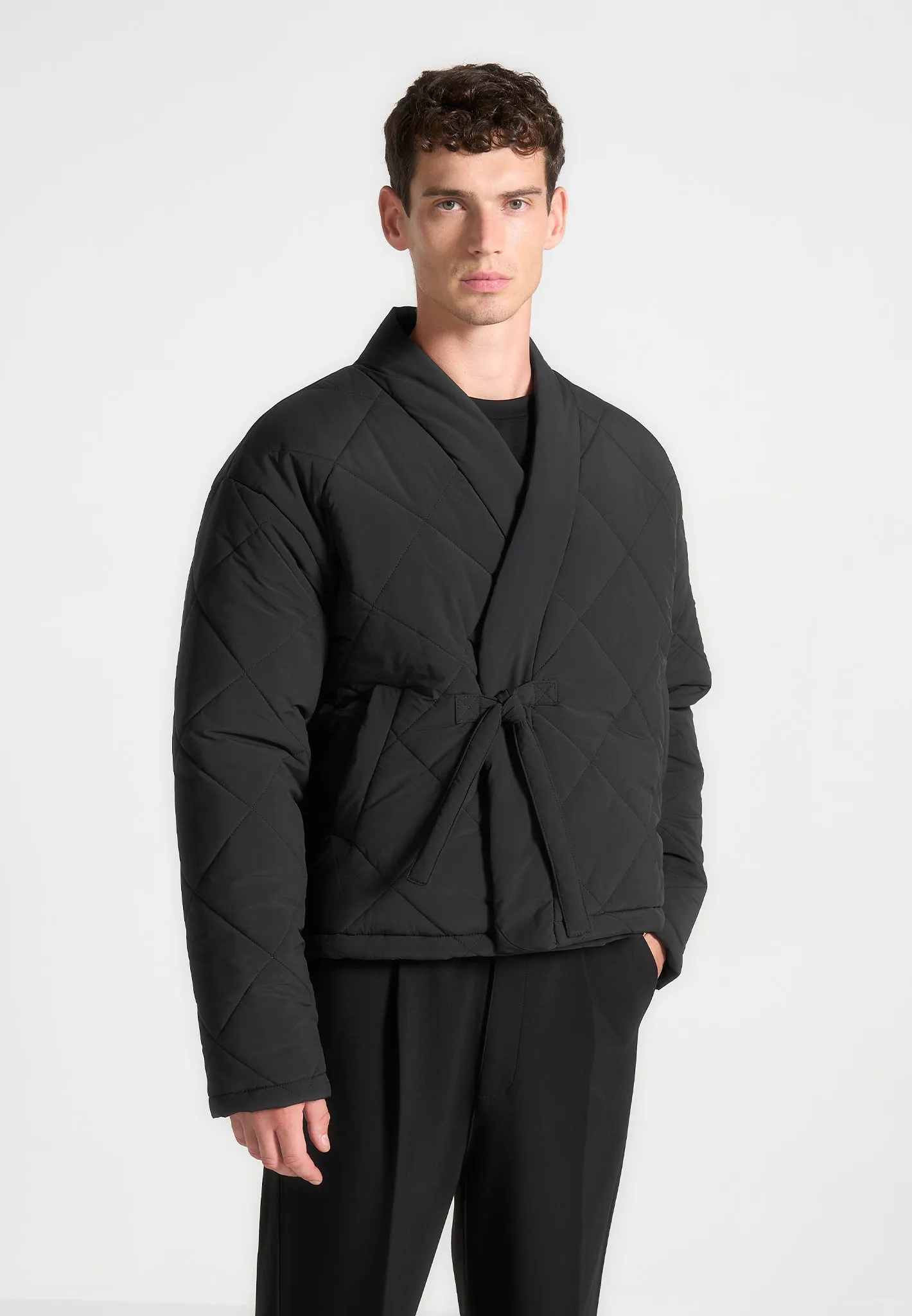 Kimono Quilted Wrap Puffer Jacket - Black