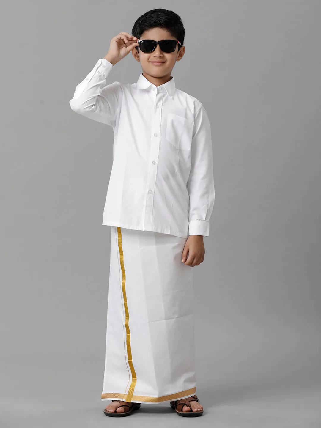 Like Father Like Son Full Sleeves White Shirt Dhoti Set Combo