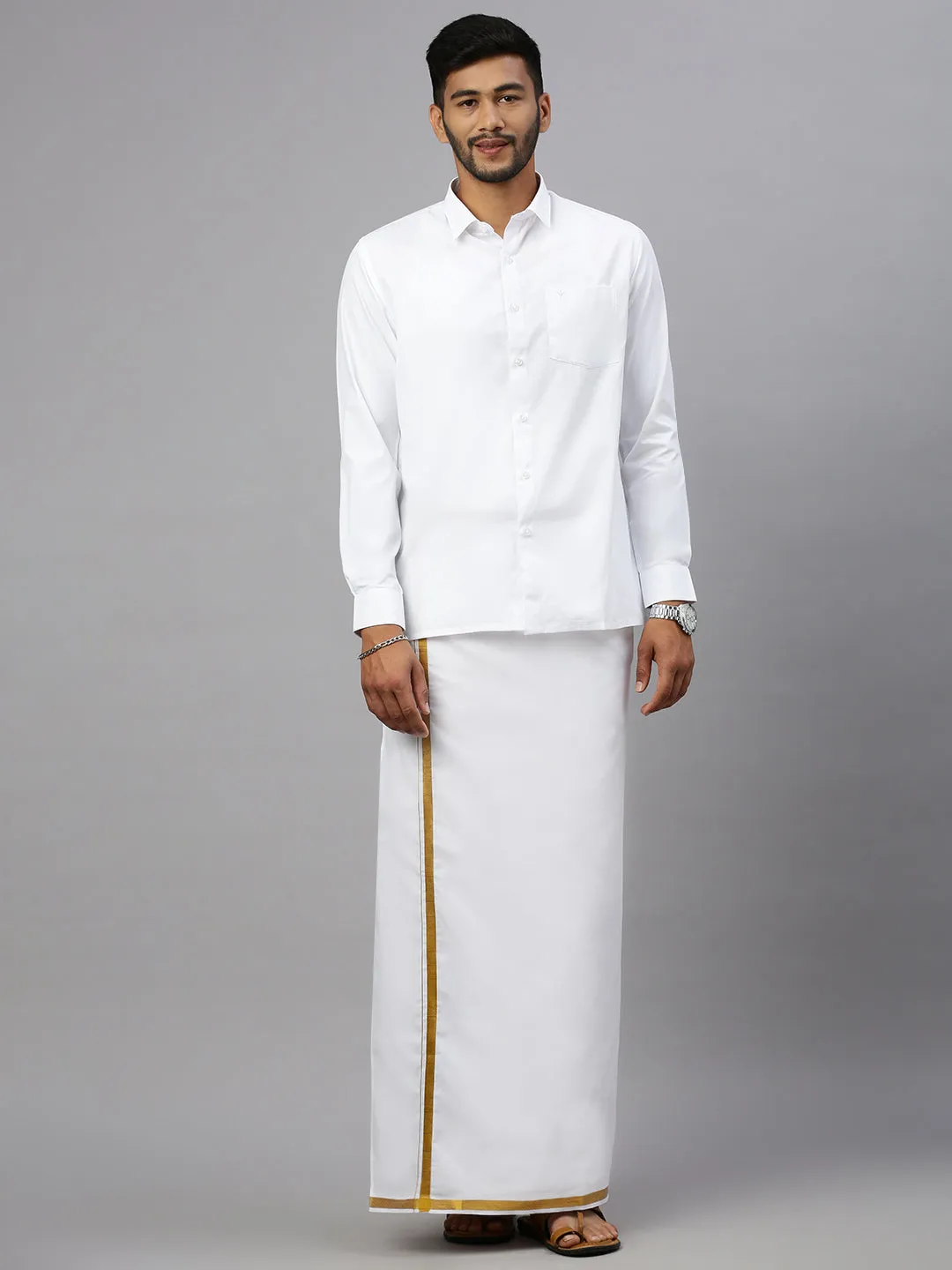 Like Father Like Son Full Sleeves White Shirt Dhoti Set Combo