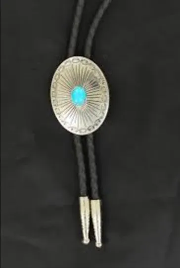 M&F® Antique Silver Turquoise Stone Black Bolo Tie