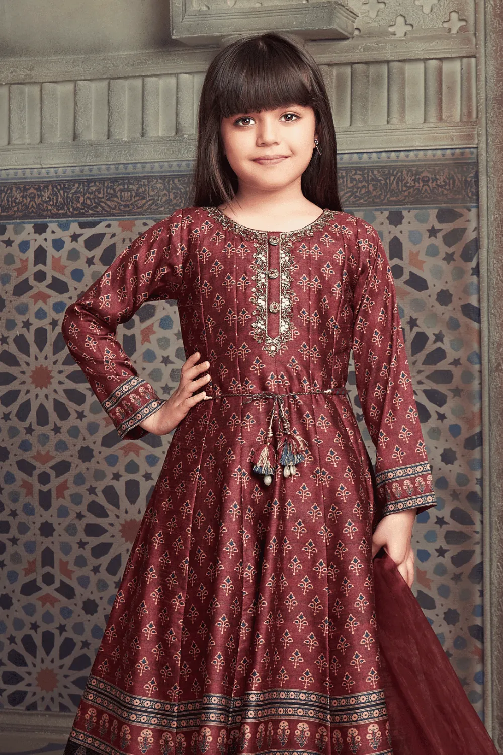 Maroon Digital Print, Sequins, Beads and Zardozi work Anarkali Style Salwar Suit for Girls