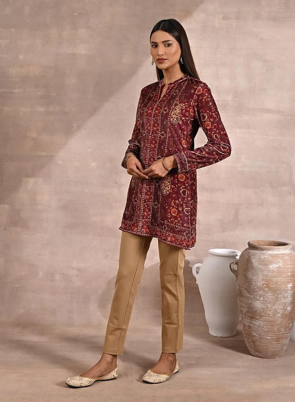 Maroon Multicolor Print Velvet Straight Kurti