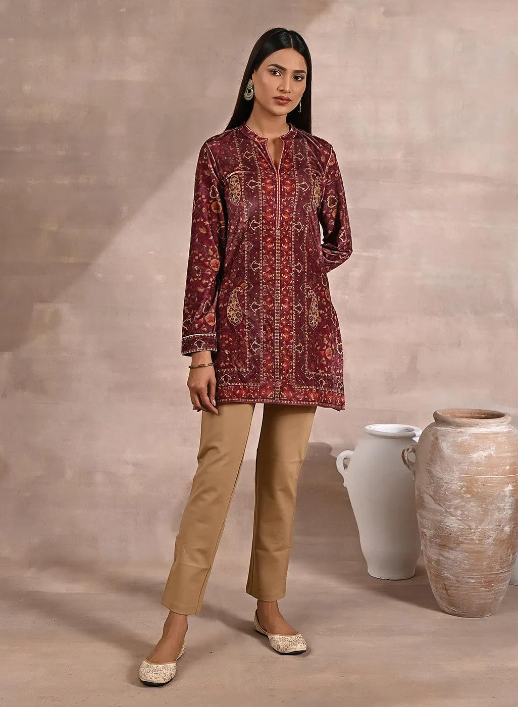 Maroon Multicolor Print Velvet Straight Kurti