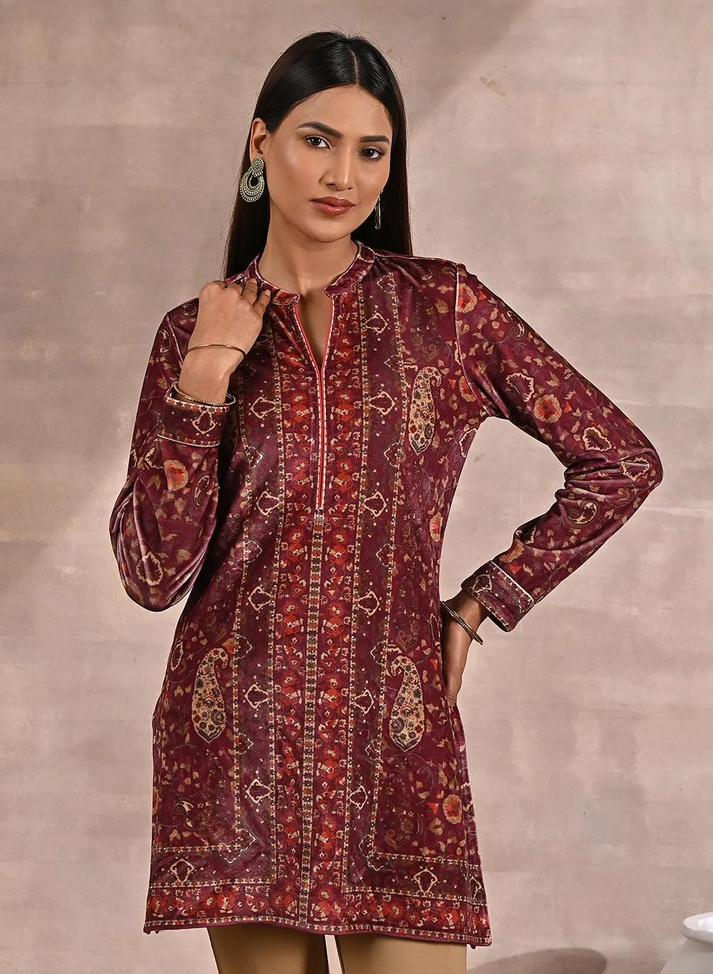 Maroon Multicolor Print Velvet Straight Kurti