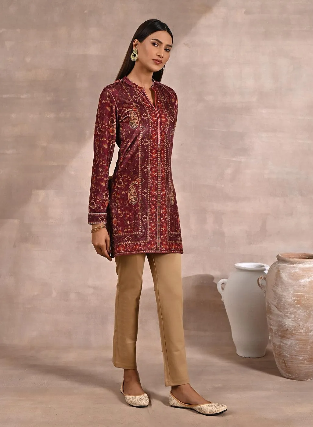 Maroon Multicolor Print Velvet Straight Kurti