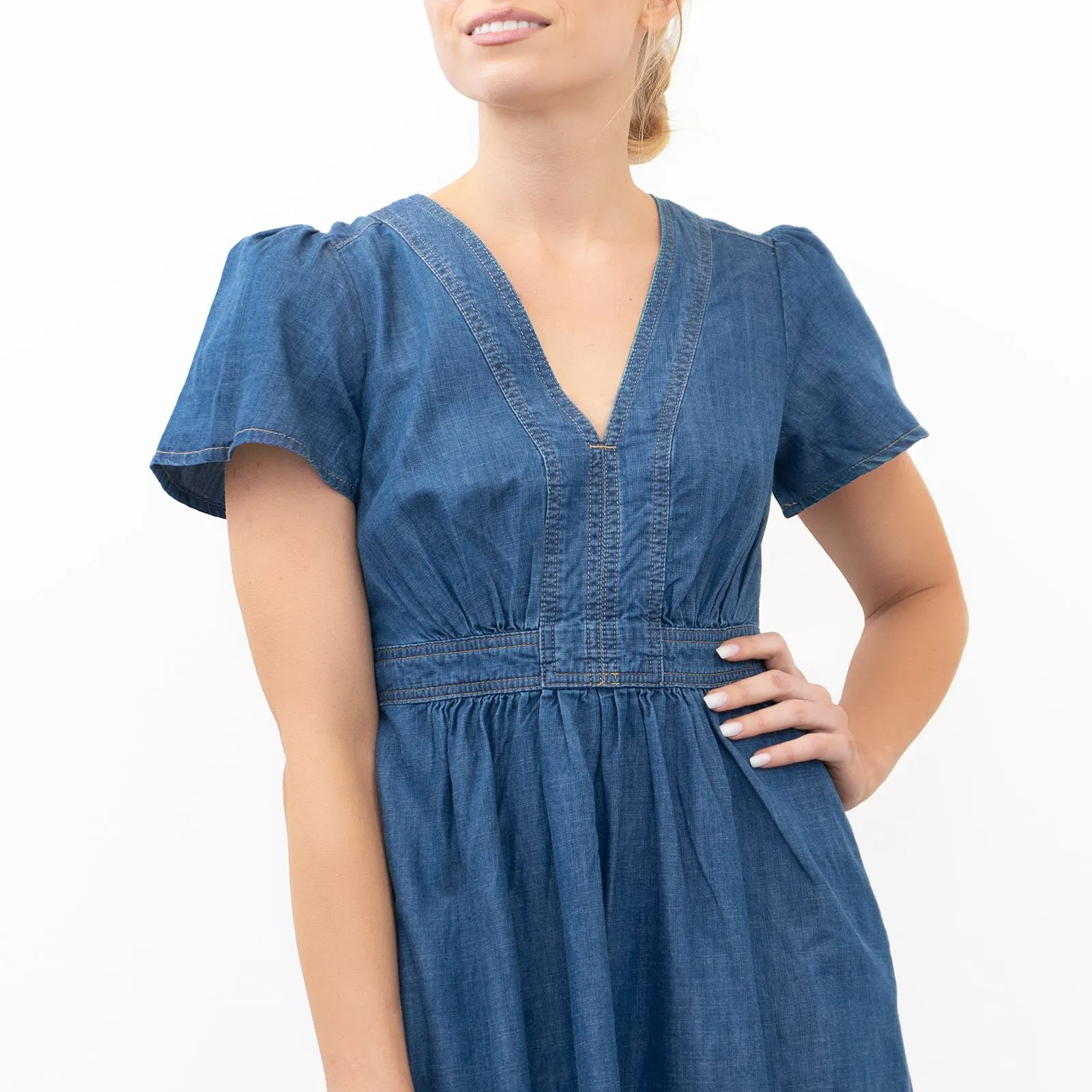 Monsoon Blue Denim V-Neck Short Sleeve Dress