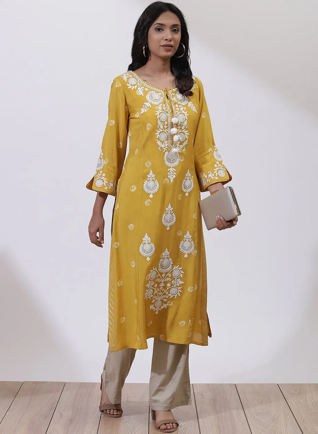 Mustard Floral Embroidered Nargis Kurta