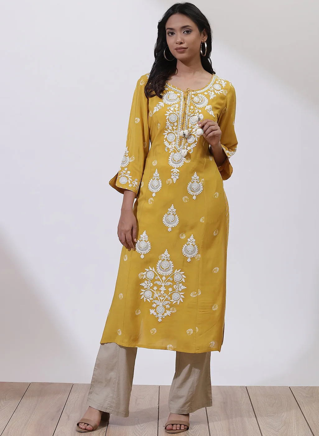 Mustard Floral Embroidered Nargis Kurta