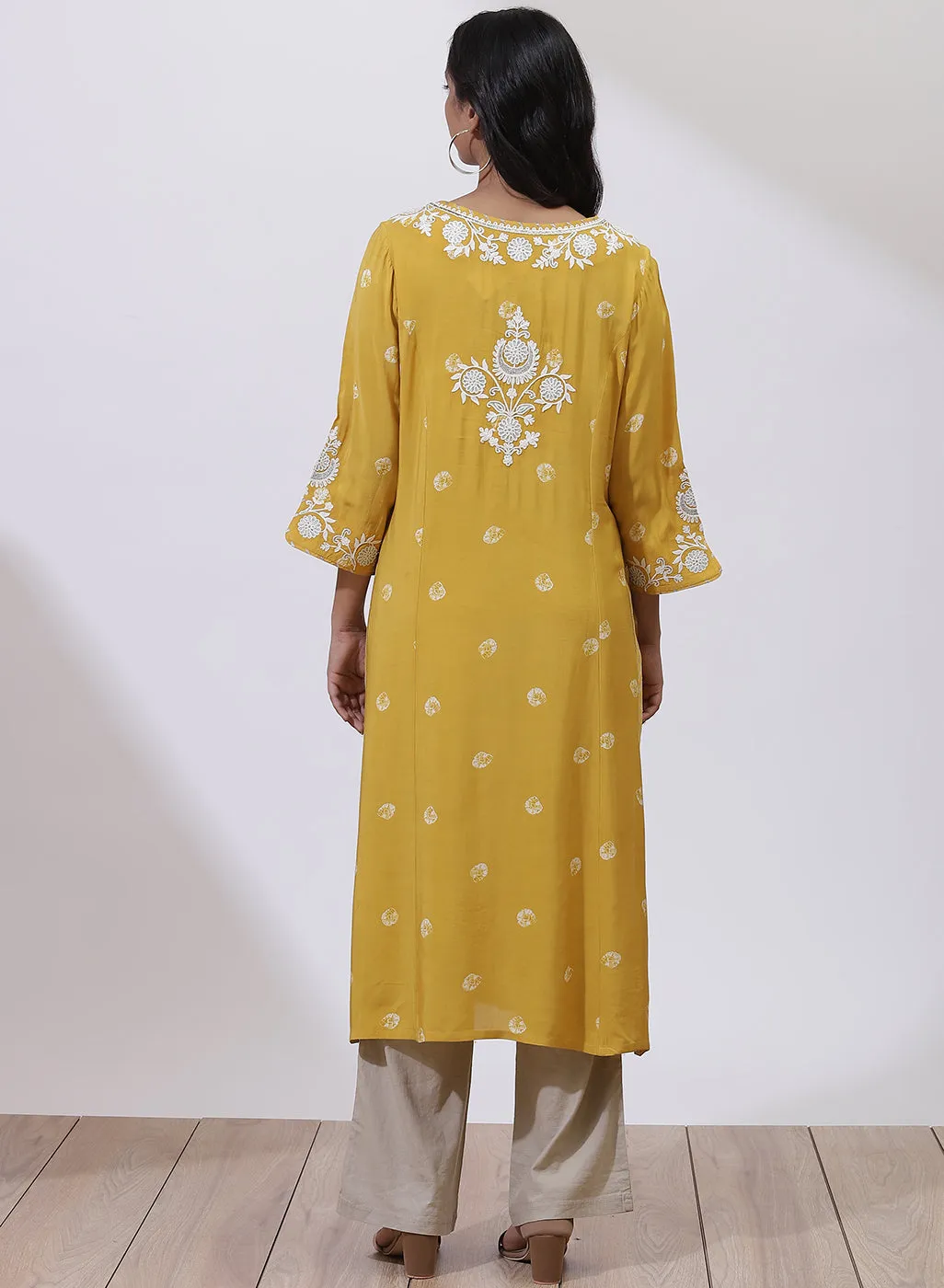 Mustard Floral Embroidered Nargis Kurta