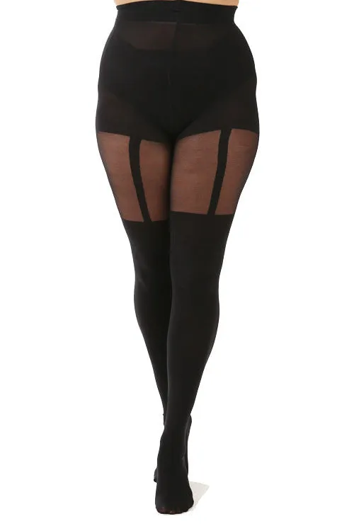 Pamela Mann Hosiery Curvy Super-Stretch Tights in Mock Suspenders Black