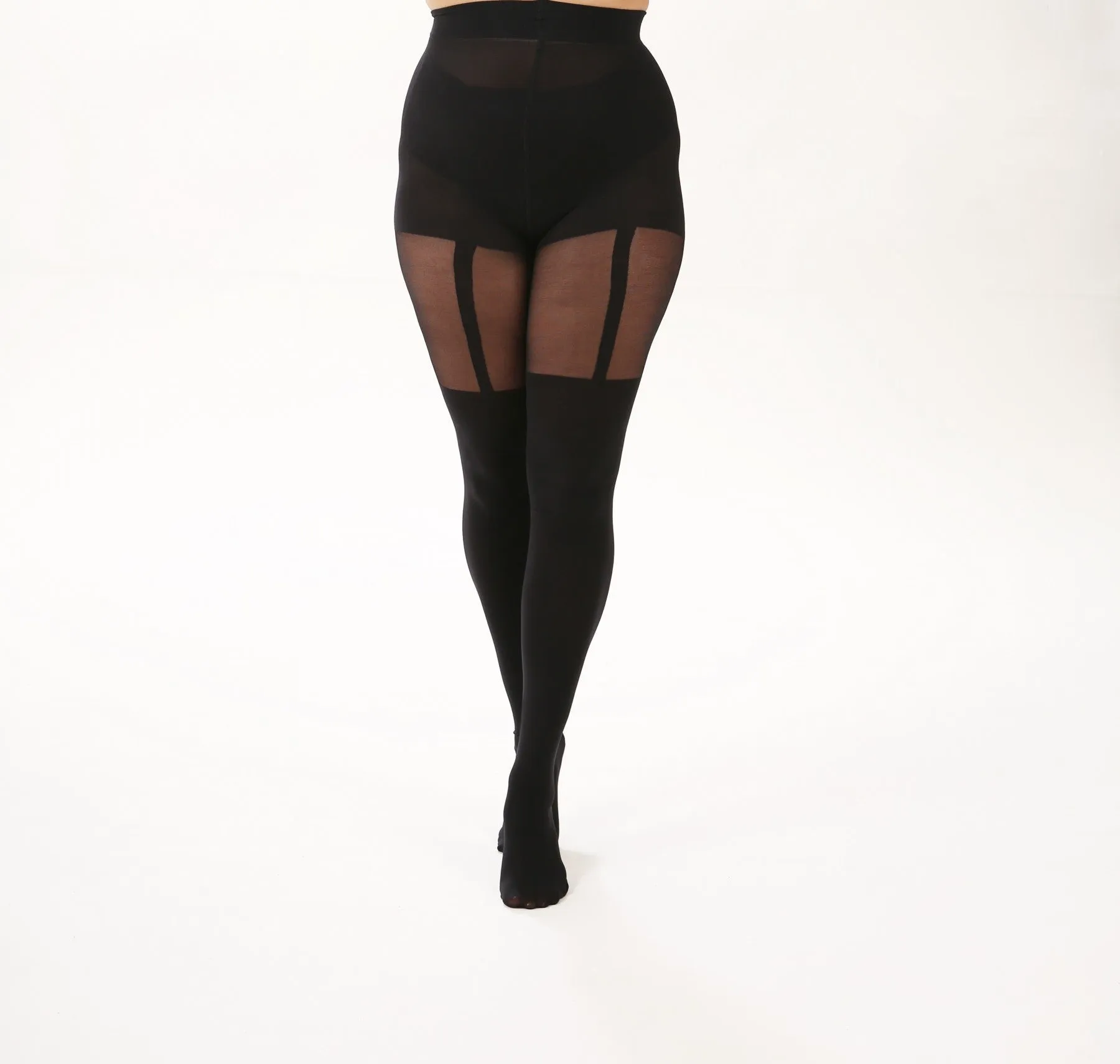 Pamela Mann Hosiery Curvy Super-Stretch Tights in Mock Suspenders Black