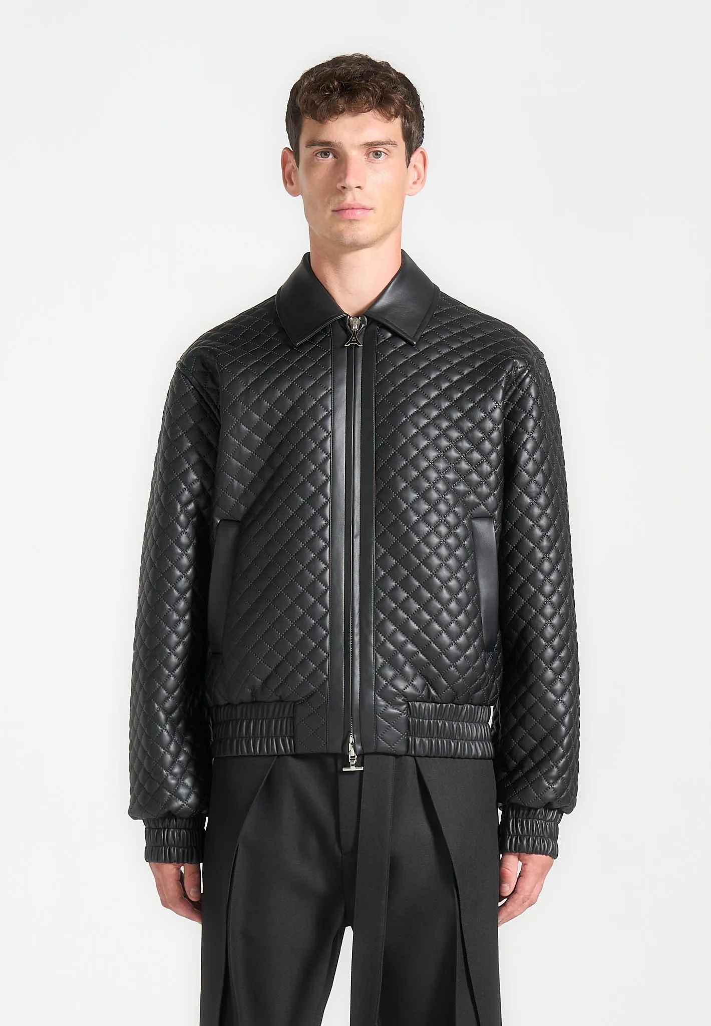 Quilted Leather Varsity Jacket - Black