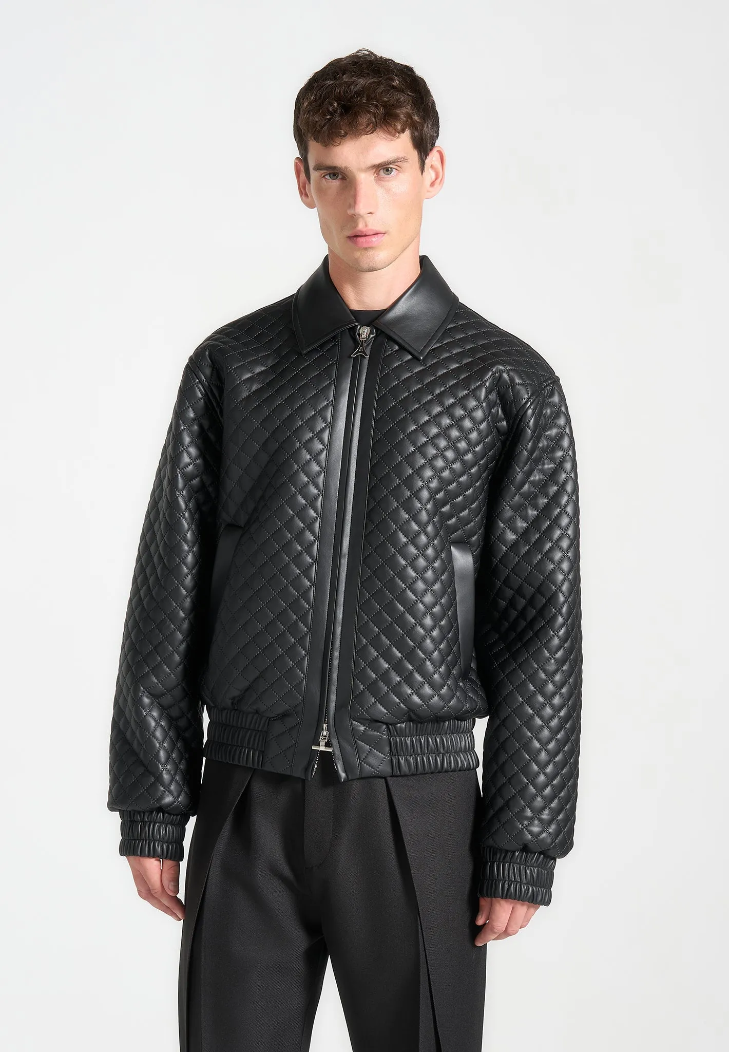 Quilted Leather Varsity Jacket - Black