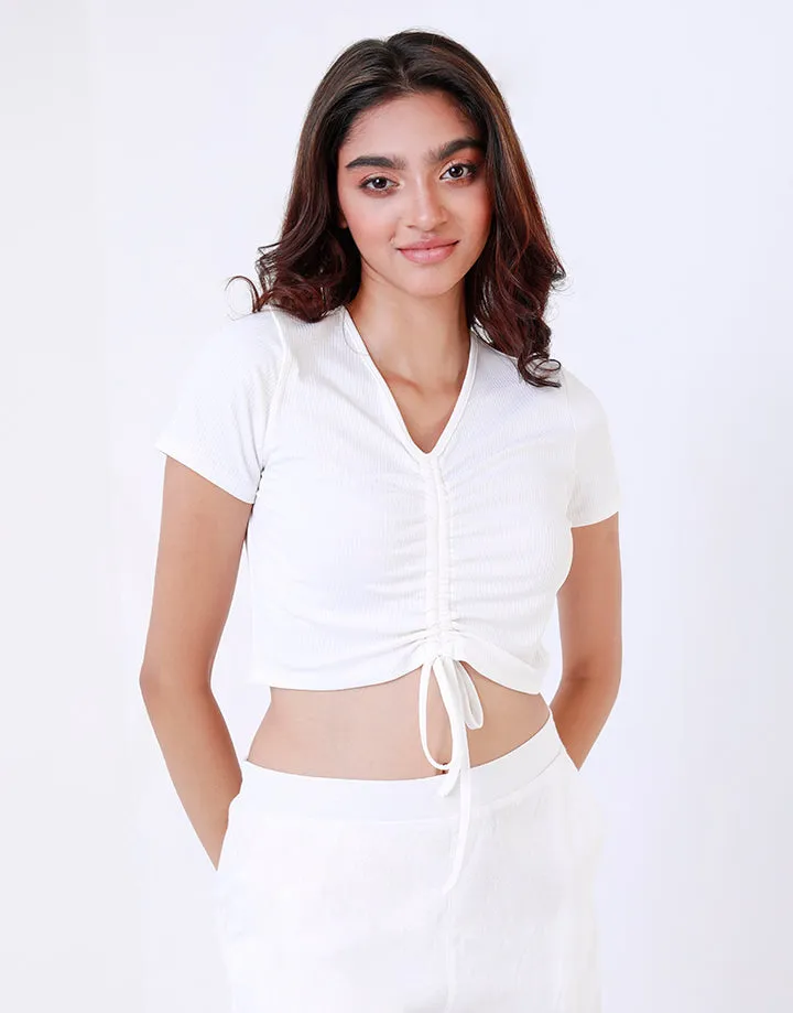 Ruched Drawstring V-Neck Crop Top