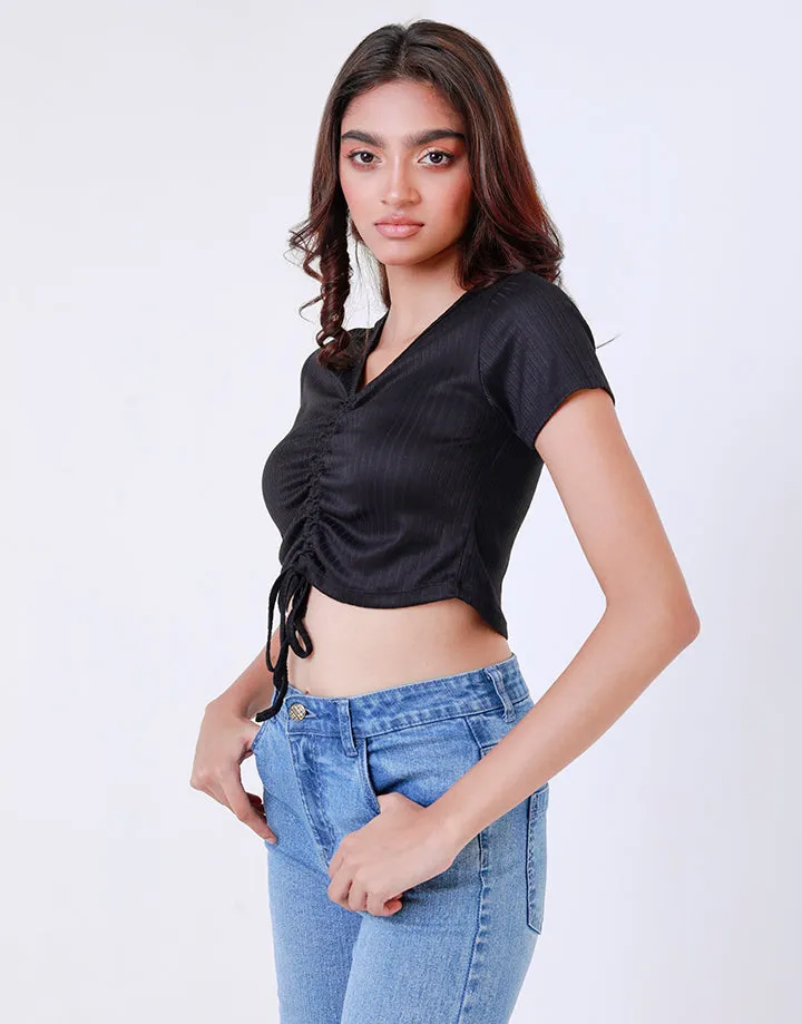 Ruched Drawstring V-Neck Crop Top