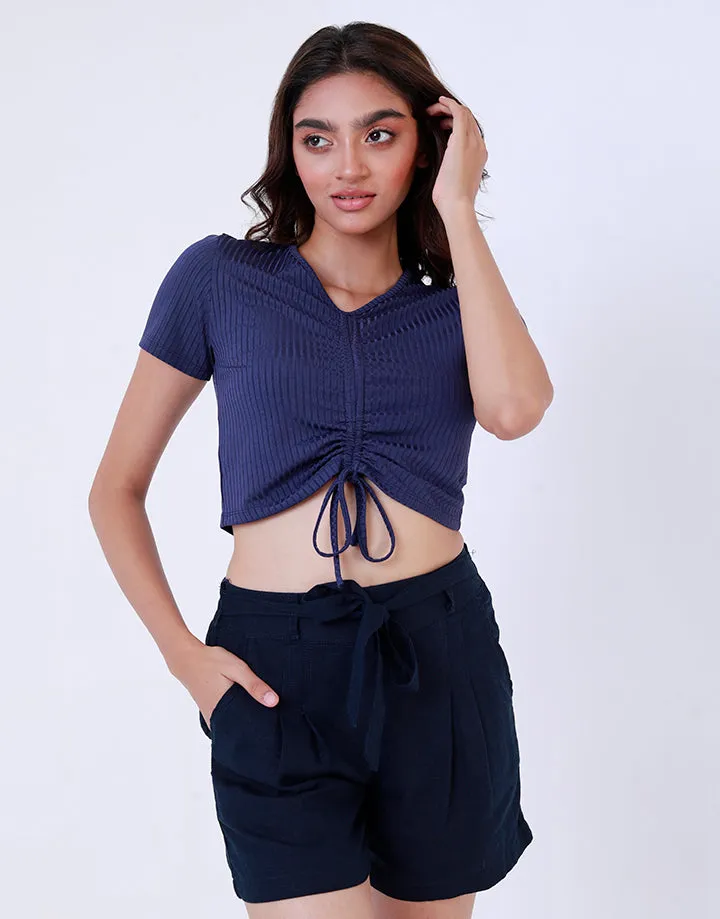 Ruched Drawstring V-Neck Crop Top