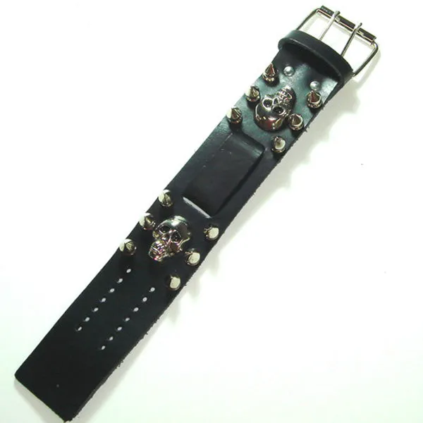 Skull Studded Black Leather Cuff