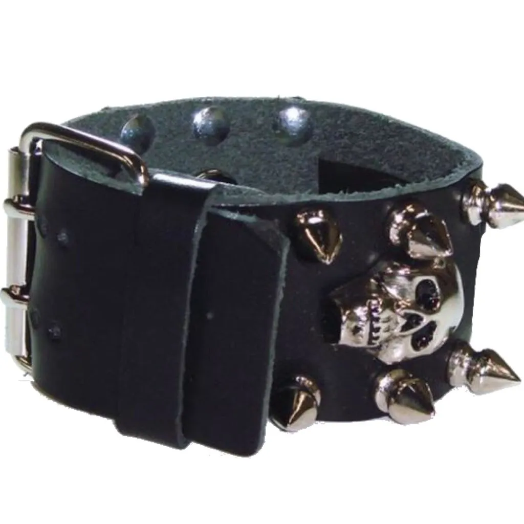 Skull Studded Black Leather Cuff