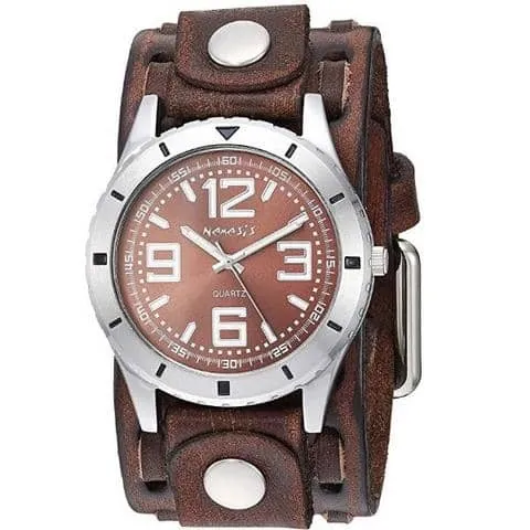 Sporty Racing Brown Watch with Perforated Dash Brown Leather Cuff Band