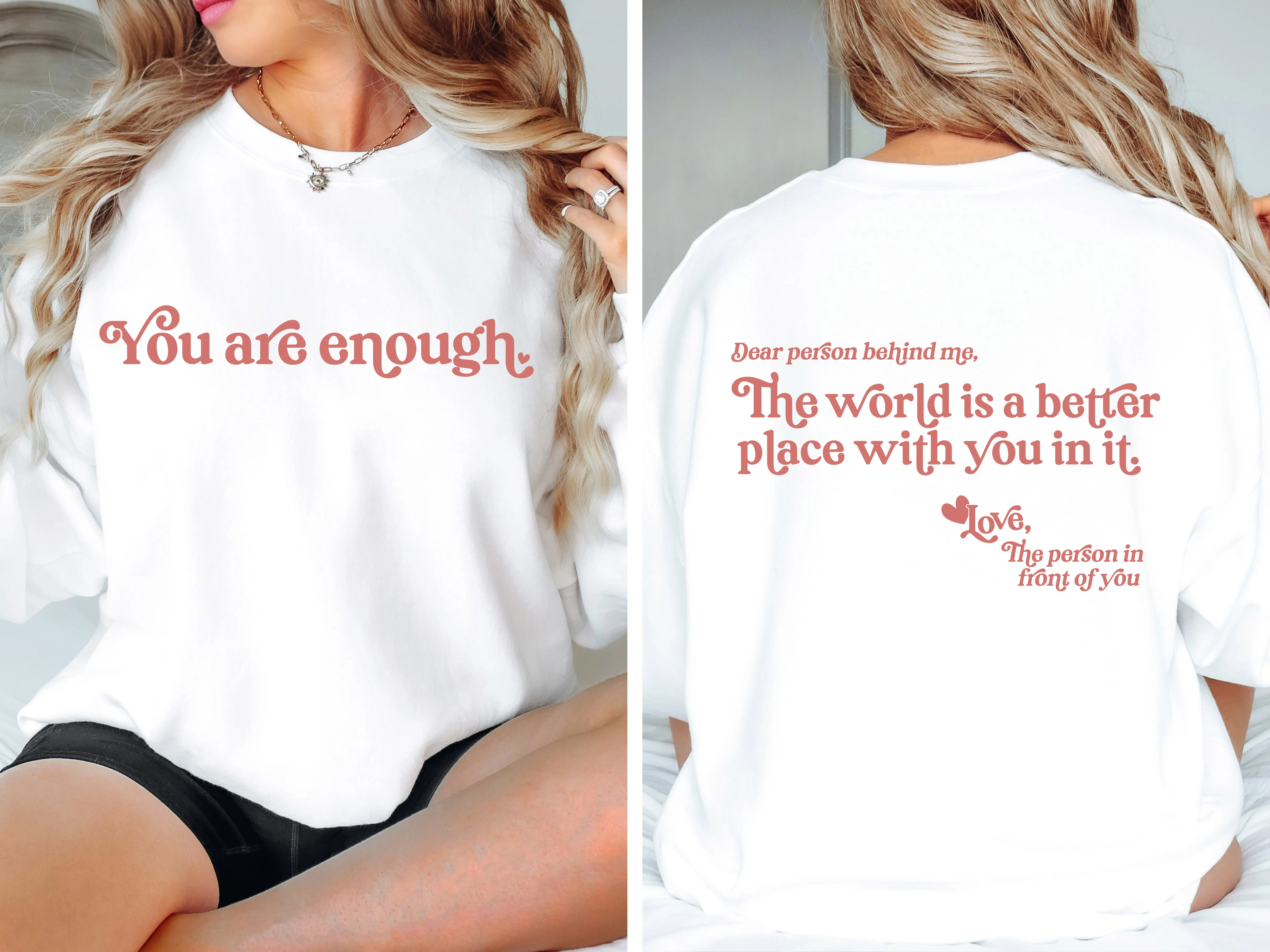 'You are enough' with positive message on back | Affirmation sweatshirt | grey, white and sand